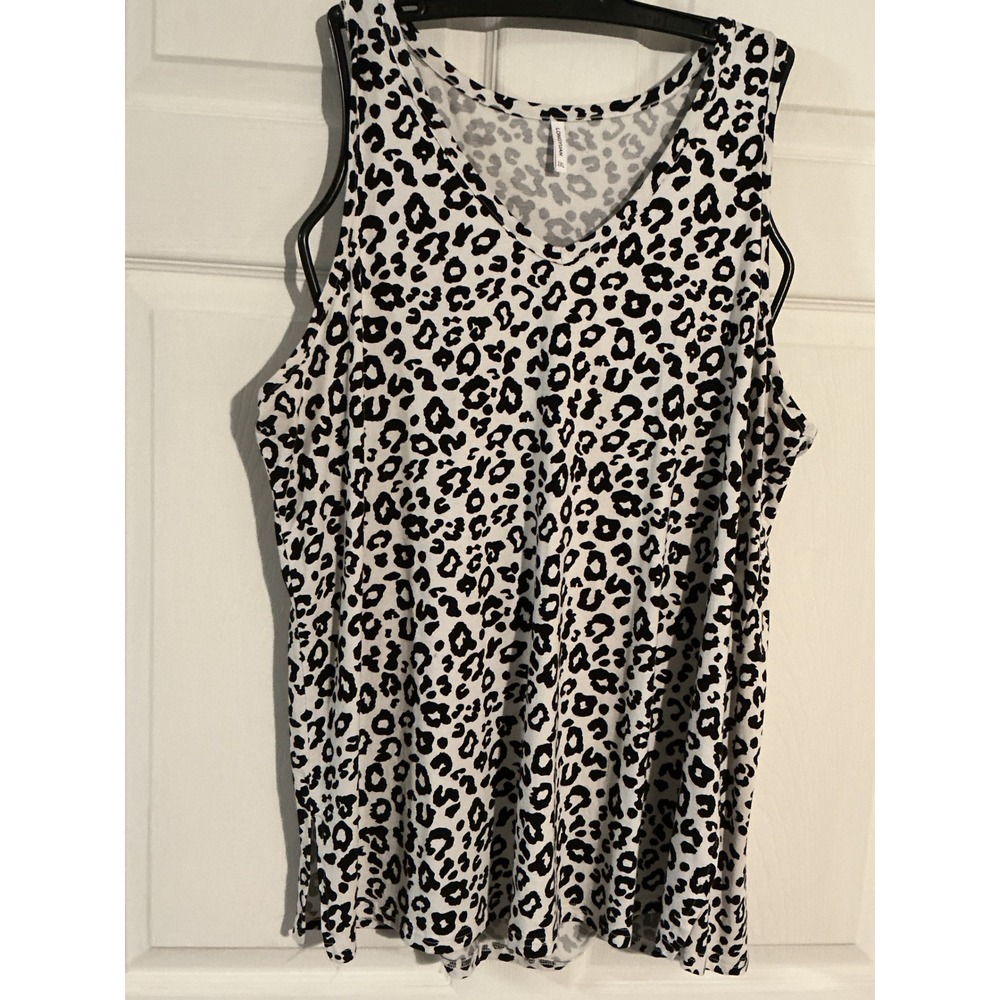 Longyuan Women 2XL Leopard Print Tank Top V-Neck Sleeveless Black White Cotton